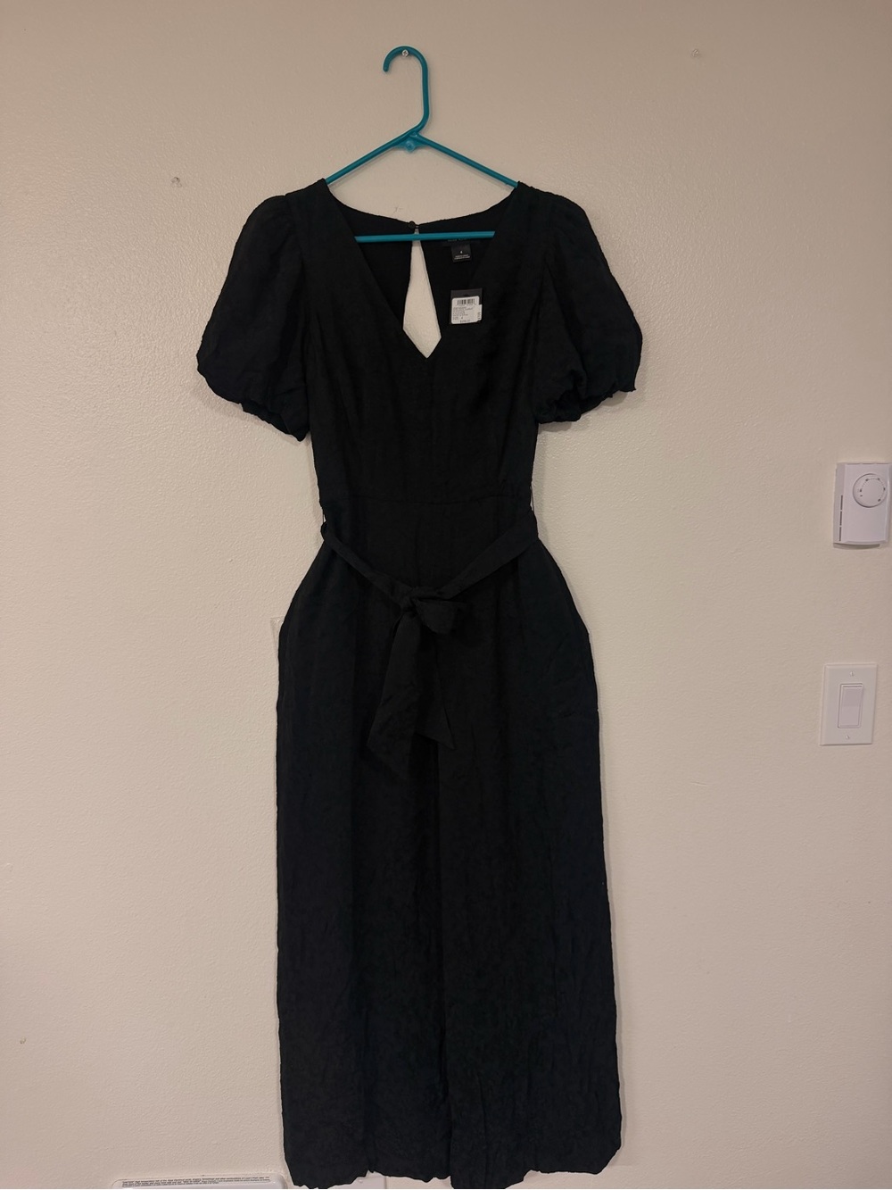 Club Monaco Black Puff Sleeve Midi Dress with Waist Tie